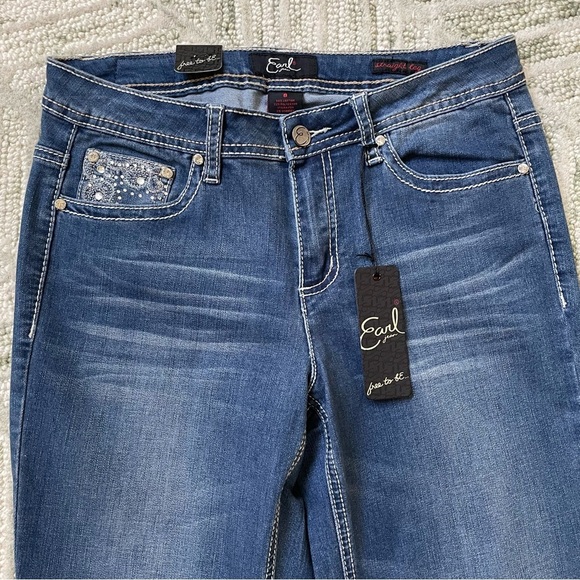 NWT Earl Straight Leg Medium Wash Embellished Pockets Zip Button Jeans Pants - Picture 2 of 13